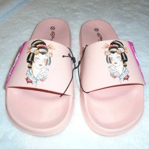 NEW ED HARDY ELECTRA GEISHA PINK RUBBER SLIDES FLIP FLOPS SANDALS SHOES SIZE 10